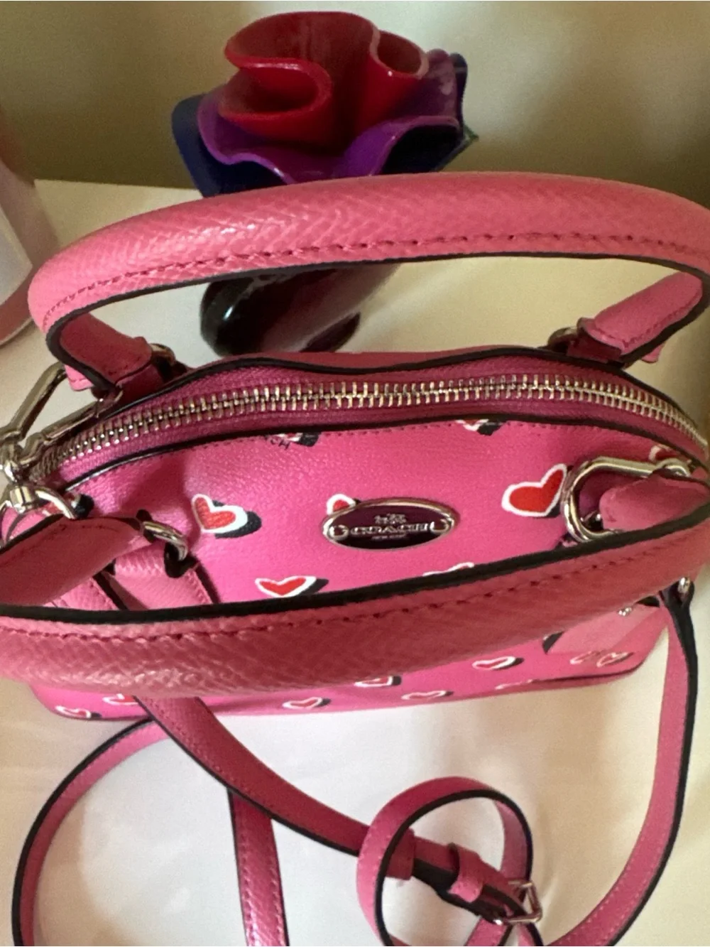 Coach Pink Heart-Print Mini Satchel with Removable Strap